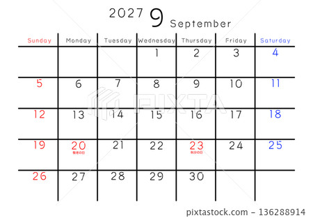 2027年簡易日曆九月星期（英文版） 136288914
