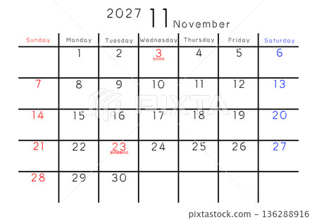 2027年11月簡易日曆（英文版）星期 136288916