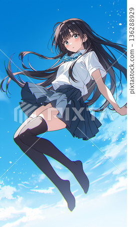 A girl in a uniform flying into the blue sky. A refreshing youth anime illustration with black knee-high socks. 136288929