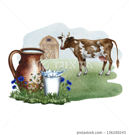 Cow's milk. A clay jug and a glass of milk in a rural scene with a cow. A hand-drawn watercolor illustration. For advertising dairy products, banners, posters, packaging design, labels, and more. 136289243