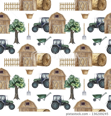 Seamless drawing of an agricultural yard with equipment. Hand-drawn watercolor illustration. Perfect for backgrounds, textiles, wrapping paper, and more. Seamless drawing of an agricultural yard with equipment. Hand-drawn watercolor illustration. Perfect for backgrounds, textiles, wrapping paper, and more. 136289245