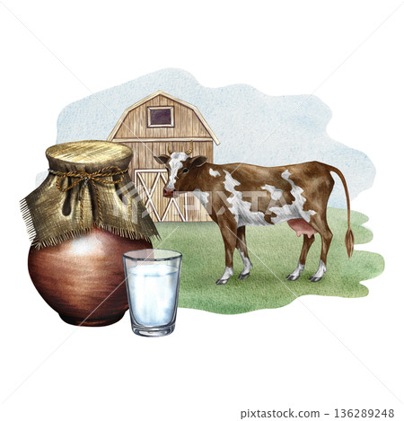 Cow's milk. A clay jug and a glass of milk in a rural scene with a cow. A hand-drawn watercolor illustration. For advertising dairy products, banners, posters, packaging design, labels, and more. Cow's milk. A clay jug and a glass of milk in a rural scene with a cow. A hand-drawn watercolor illustration. For advertising dairy products, banners, posters, packaging design, labels, and more. 136289248