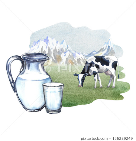 Cow's milk. Glass jug and glass of milk in a pasture with a cow. Hand-drawn watercolor illustration. Perfect for advertising dairy products, banners, posters, packaging design, labels, and more. Cow's milk. Glass jug and glass of milk in a pasture with a cow. Hand-drawn watercolor illustration. Perfect for advertising dairy products, banners, posters, packaging design, labels, and more. 136289249