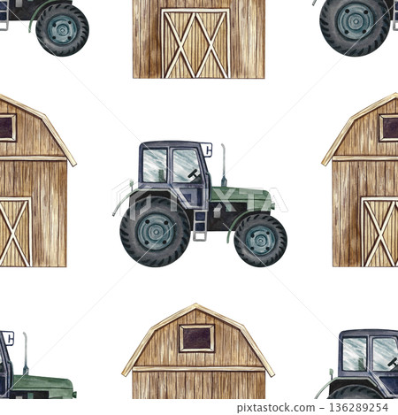 Seamless pattern with agricultural tractors and barns. Hand-drawn watercolor illustration. Perfect for backgrounds, textiles, wrapping paper, and more. 136289254