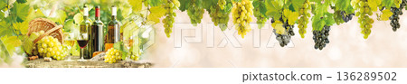 Panoramic vineyard scene featuring red and white wine bottles with glasses and hanging green grapes in sunlight Panoramic vineyard scene featuring red and white wine bottles with glasses and hanging green grapes in sunlight 136289502