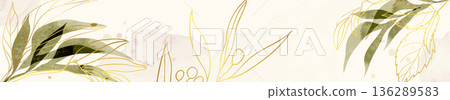 Luxury botanical border illustration featuring olive green watercolor leaves and gold ink line art on a neutral background. 136289583
