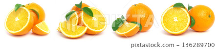 Fresh juicy oranges with green leaves set arranged in a row including whole fruits and cut slices on white background 136289700