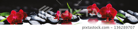 Panoramic Zen Spa Background with Vibrant Red Orchids and Wet Black Stones with Water Reflection 136289707