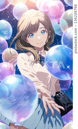 A girl in a school uniform reaching for a balloon surrounded by fantastic light. An anime illustration of hope and kindness. 136289766