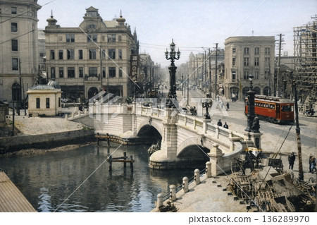 Old photo, 1911-1918, Tokyo, showing the wind in Nihonbashi, shortly after the stone bridge was completed (black and white photo colorized using AI) 136289970