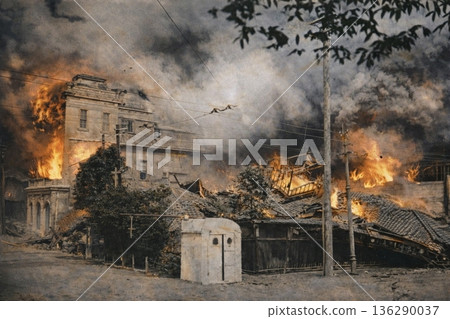 舊照片:1944-1945年,東京日比谷,空襲中燃燒的建築物(黑白照片經人工智慧著色) 舊照片:1944-1945年,東京日比谷,空襲中燃燒的建築物(黑白照片經人工智慧著色) 136290037