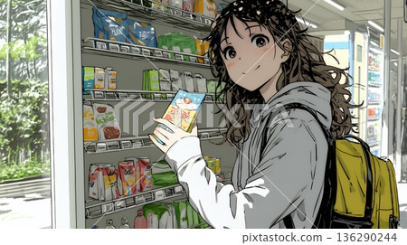 一位年輕女子正在便利商店瀏覽新推出的糖果。 一位年輕女子正在便利商店瀏覽新推出的糖果。 136290244