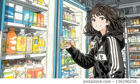 一位年輕女子正在便利商店瀏覽新推出的糖果。 一位年輕女子正在便利商店瀏覽新推出的糖果。 136290256