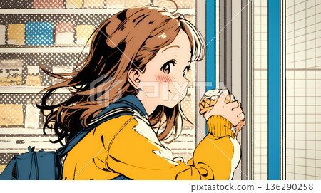 一位年輕女子正在便利商店瀏覽新推出的糖果。 136290258