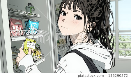 一位年輕女子正在便利商店瀏覽新推出的糖果。 一位年輕女子正在便利商店瀏覽新推出的糖果。 136290272