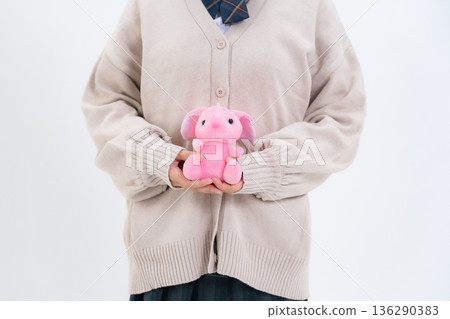 Female student holding a stuffed toy 136290383