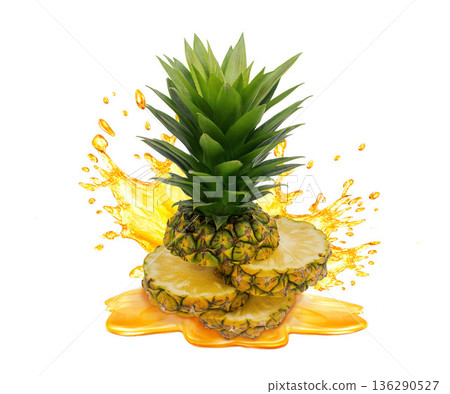 Fresh ripe pineapple, slices cut and pineapple juice splash wave. Healthy food or tropical fruit drink liquid ad label design. Tasty smoothie splash isolated, healthy diet concept on white background Fresh ripe pineapple, slices cut and pineapple juice splash wave. Healthy food or tropical fruit drink liquid ad label design. Tasty smoothie splash isolated, healthy diet concept on white background 136290527
