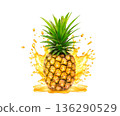 Fresh ripe pineapple, slices cut and pineapple juice splash wave. Healthy food or tropical fruit drink liquid ad label design. Tasty smoothie splash isolated, healthy diet concept on white background 136290529