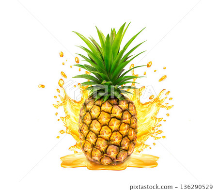 Fresh ripe pineapple, slices cut and pineapple juice splash wave. Healthy food or tropical fruit drink liquid ad label design. Tasty smoothie splash isolated, healthy diet concept on white background 136290529