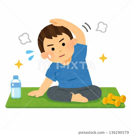 一名男子正在瑜珈墊上伸展身體。 136290579