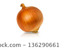 High-detail photo of common onion bulb isolated on white background with clipped path, with shadow and reflection, empty copy space for text. Blank template for artwork on culinary, vegetable topics 136290661