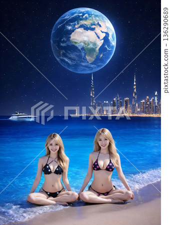 Woman in a bikini sitting on the beach at night AI image AI generated 136290689
