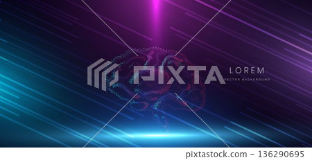 Artificial intelligence brain particle blue and pink science system on dark background. 136290695