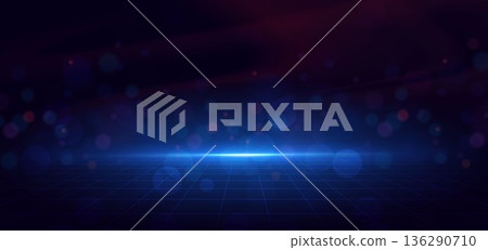 Futuristic scene glowing horizontal blue neon light on dark blue background with bokeh. Futuristic scene glowing horizontal blue neon light on dark blue background with bokeh. 136290710