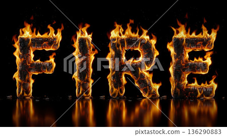 Word fire written with burning wood letters and bright flames 136290883
