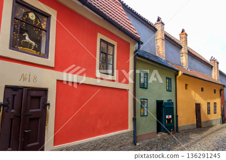 Golden Lane, the famous medieval street situated in Prague Castle, Czech Republic 136291245
