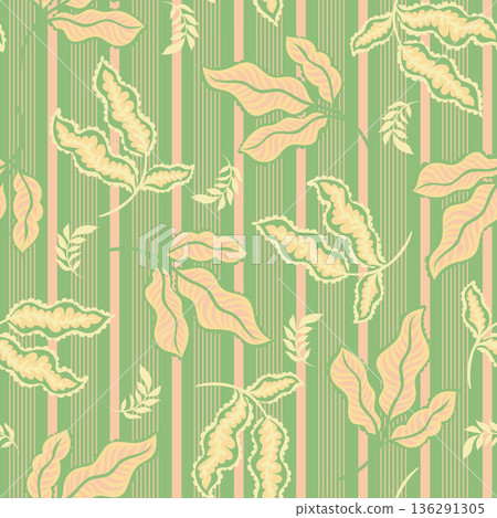 Botanical Leaf Stripe Vintage Textile Pattern 136291305