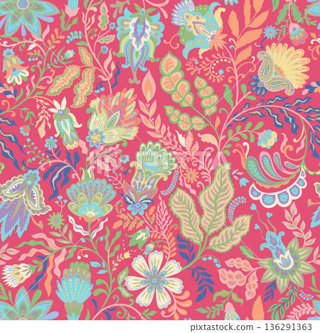 Vibrant Folk Paisley Floral Garden Pattern 136291363