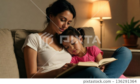 Mother reading book with sleepy daughter on sofa at home 136291364