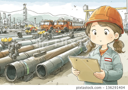 工廠女員工正在檢查管道運輸情況 | 基礎設施製造圖片 136291404