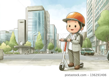一名男子騎著電動滑板車通勤上班 | 新型工作方式與都市生活的圖片 136291406