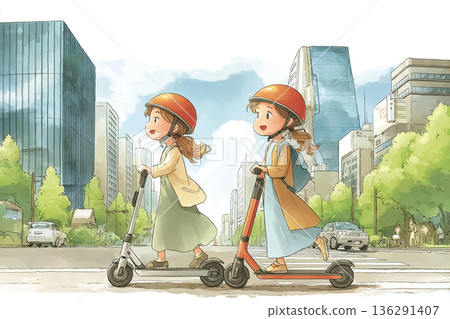 女性騎著電動滑板車穿梭於城市街道 | 城市交通出行圖片 136291407