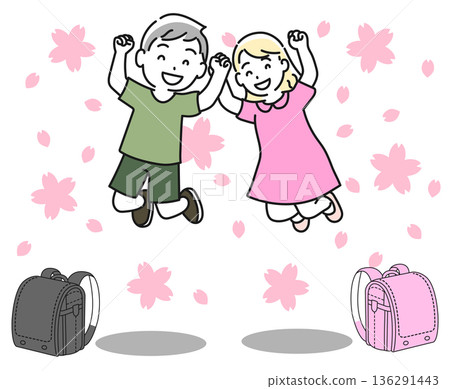 First graders jumping with their school bags First graders jumping with their school bags 136291443