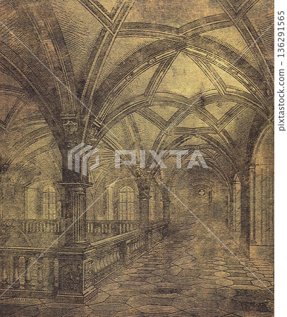 Gothic arch vaulted stone hallway vintage engraving Gothic arch vaulted stone hallway vintage engraving 136291565