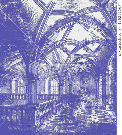 Grand gothic hall interior with vaulted ceiling engraving 136291567