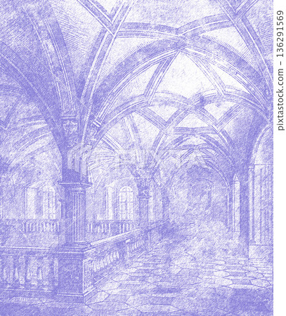 Vintage gothic architecture engraving illustrating arching hall 136291569