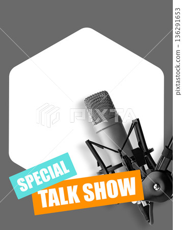 Creating a podcast episode with a microphone setup for a talk show discussion 136291653