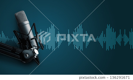 Podcast studio setup shows microphone and audio wave pattern on blue background 136291671