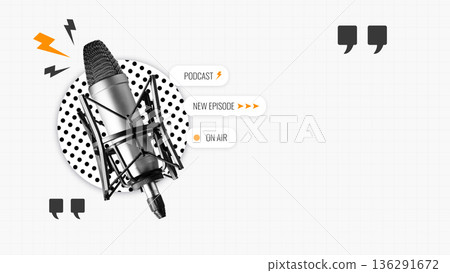 Podcast episode recording with microphone on white background Podcast episode recording with microphone on white background 136291672