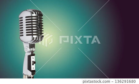 Podcast microphone ready for recording in a studio setting during evening hours Podcast microphone ready for recording in a studio setting during evening hours 136291680