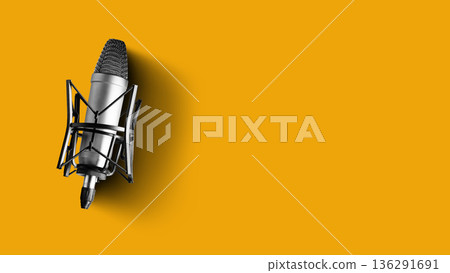 Podcast recording setup with microphone in studio against yellow background Podcast recording setup with microphone in studio against yellow background 136291691