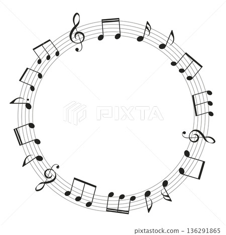 樂譜、五線譜、背景插圖、音符和符號的圓形邊框插圖 136291865