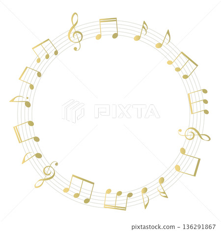 金色樂譜圓形邊框插圖，五線譜，背景插圖，音符，音樂符號插圖 136291867