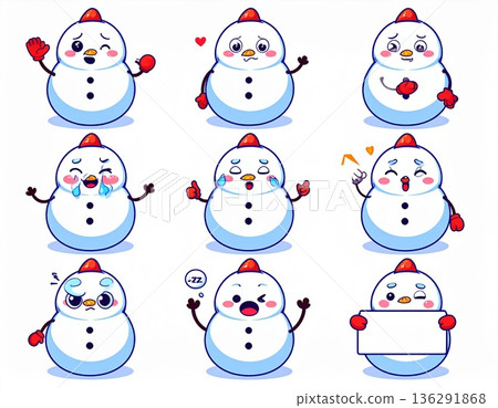 可愛的雪人角色插畫，具有多種面部表情 136291868