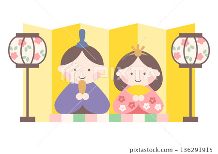 為女兒節創作的可愛向量插圖，描繪了天皇和皇后，配有金色屏風和燈籠。 136291915