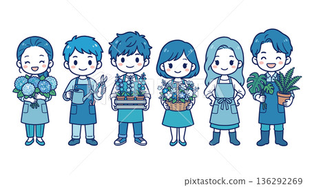 Florist and gardening staff people set Flower shop team handling bouquets and ornamental plants 136292269